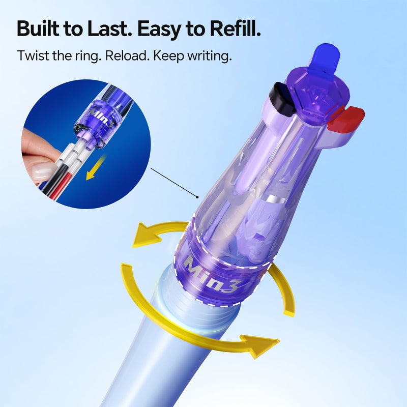 WRITECH Retractable Gel Ink Pens: 0.5mm Fine Point 3 in 1 Multi Colored Pen Black Blue Red, 4ct with 4 Refills No Smear Assorted Colors Min 3 for Smooth Writing Journaling Drawing - Image 4