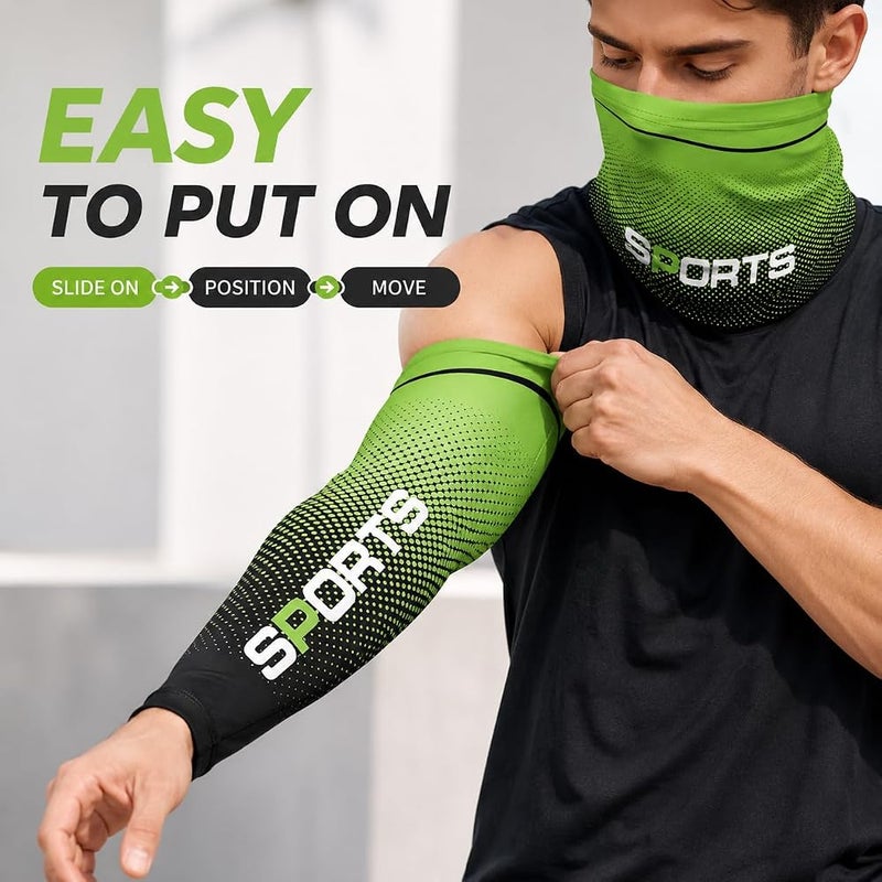 Vimeite 3-Piece Ice-Silk-Feel Arm Sleeves and Neck Gaiter Set, 1 Pair Stretch Outdoor Arm Covers with Face & Neck Cover for Cycling, Running and Hiking, Green,Grey,Light Blue,Dark Blue - Image 4