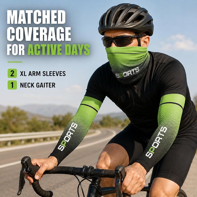 Vimeite 3-Piece Ice-Silk-Feel Arm Sleeves and Neck Gaiter Set, 1 Pair Stretch Outdoor Arm Covers with Face & Neck Cover for Cycling, Running and Hiking, Green,Grey,Light Blue,Dark Blue - Image 2