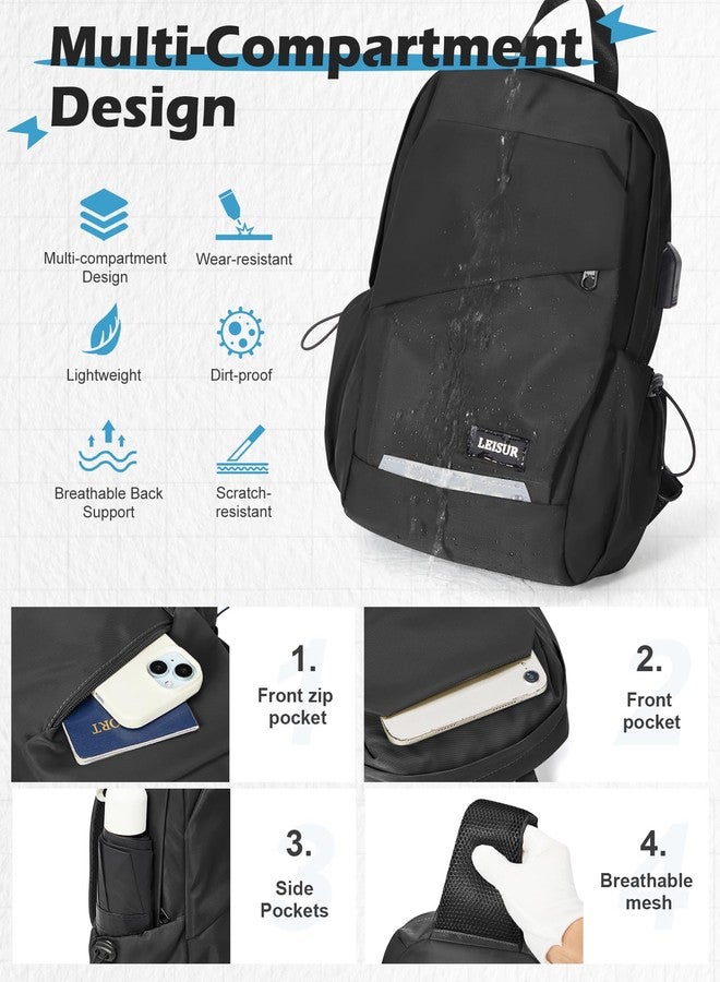 SEAFEW Small Black Sling Backpack Travel Hiking Daypack, Crossbody Sling Bag with USB Charging Port for Men Women 3 Layer Pockets One Shoulder Bag for Outdoor Sports Casual Commuting - Image 5