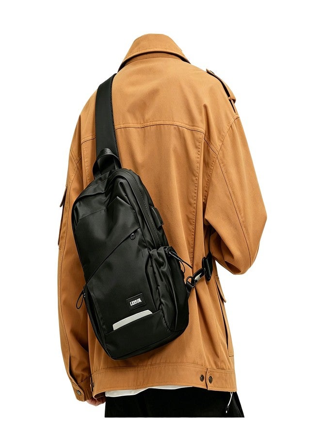 SEAFEW Small Black Sling Backpack Travel Hiking Daypack, Crossbody Sling Bag with USB Charging Port for Men Women 3 Layer Pockets One Shoulder Bag for Outdoor Sports Casual Commuting - Image 1