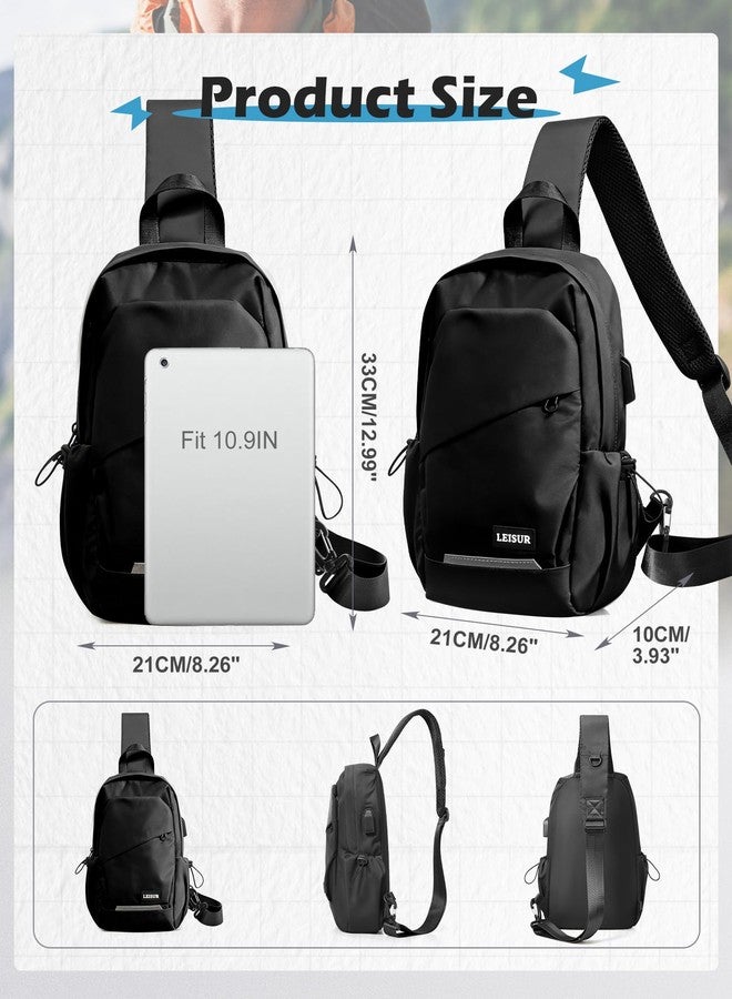 SEAFEW Small Black Sling Backpack Travel Hiking Daypack, Crossbody Sling Bag with USB Charging Port for Men Women 3 Layer Pockets One Shoulder Bag for Outdoor Sports Casual Commuting - Image 3