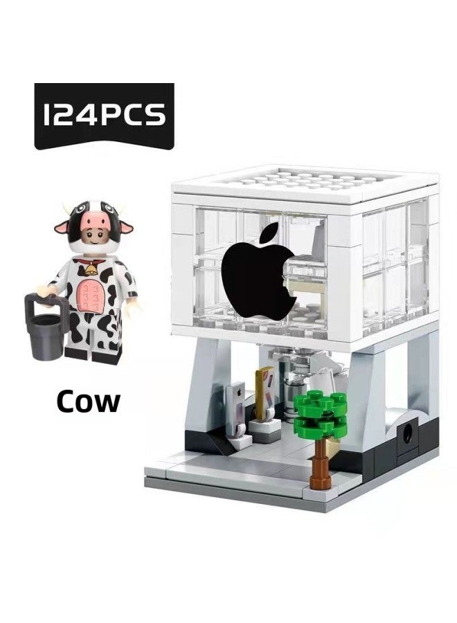 For Apple Mobile Phone Store Small Particle Building Blocks For Apple Watch Watch Watch Watch Charging Stand Doll Decoration Decoration Lights-Color:For Apple Store + Cow + Lights  - Image 1