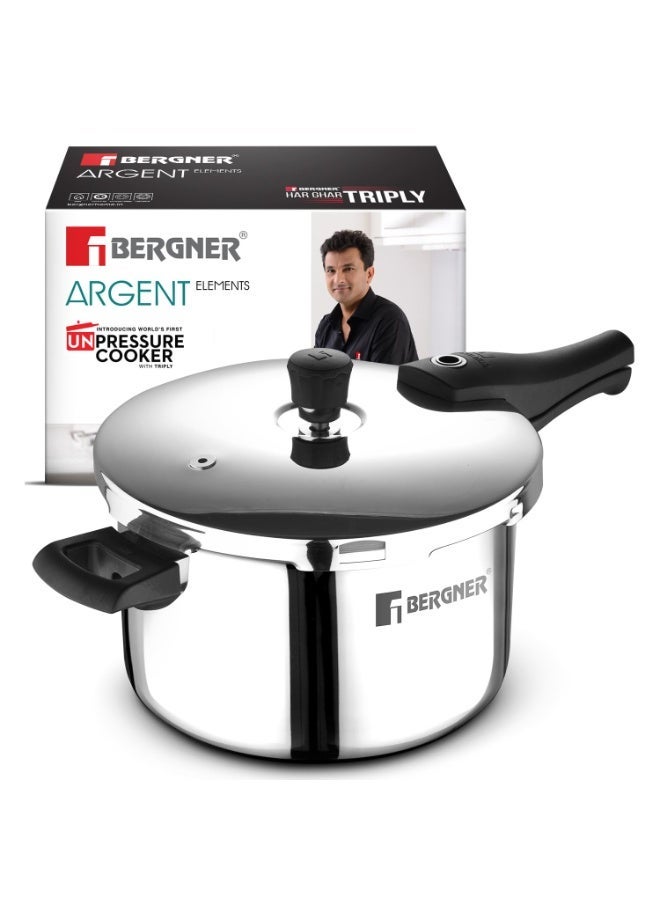 Bergner Argent Elements Triply Stainless Steel 6.5 L Outer Lid Pressure Cooker, Healthy Cooking, Even Heat Distribution, Sturdy Handle, Easy Lock System, Safety Gasket - Induction and Gas Stove Ready