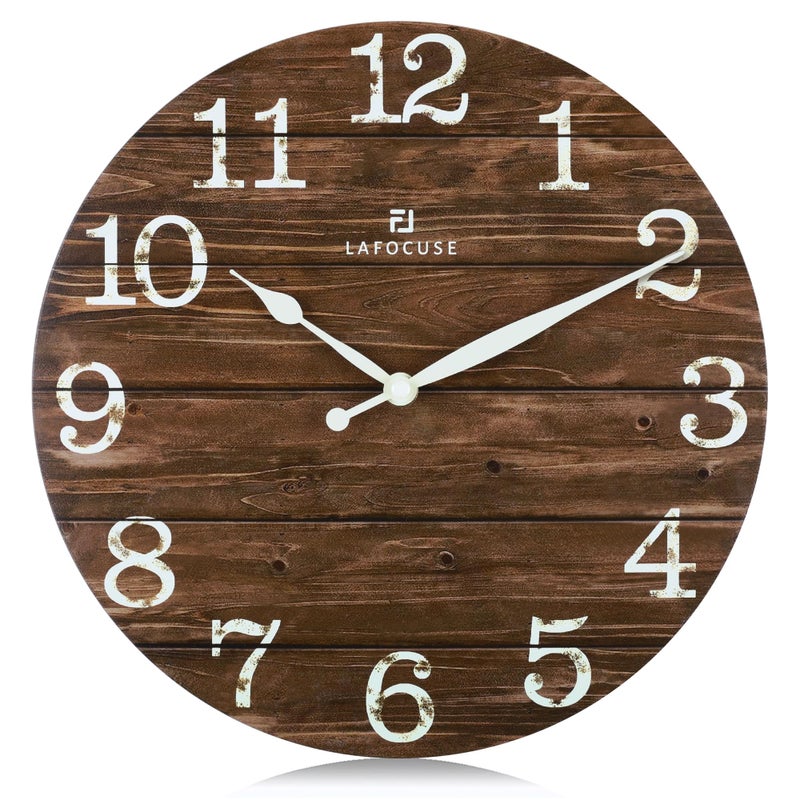 Lafocuse 12 Inch Silent Brown Wall Clocks for Kitchen Living Room Decor Wooden Rustic Wall Clock Battery Operated Decorative Farmhouse Clock