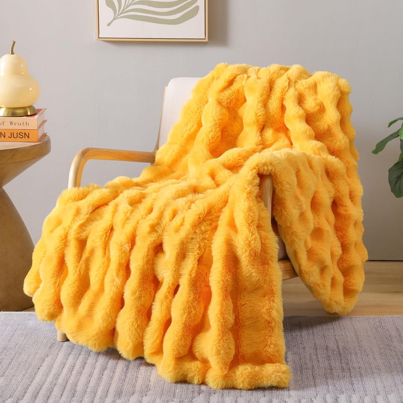 Smoofy Faux Fur Throw Blanket for Couch  Mustard Yellow Fluffy Cozy Rabbit Fleece Plush Soft Bubble Blanket for Sofa  Bed for Mom Warm Fuzzy Home Room Decor Throw 50 x 60