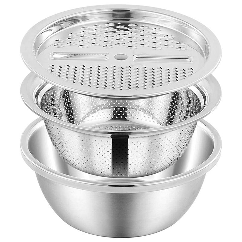 SYGNIUS Stainless Steel Drain Basket Vegetable Cutter 3 in 1 Kitchen Set Salad Maker Bowl Basin Colander with Lids for Vegetables Fruit Rice Food Steel Silver Colander Slicer Chopper - Image 1