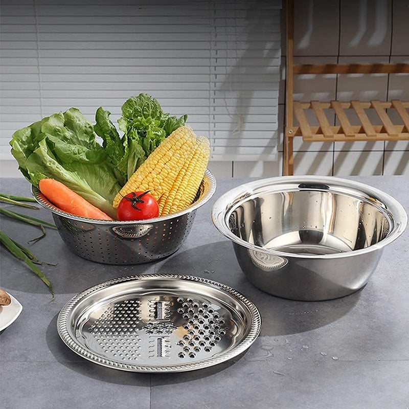 SYGNIUS Stainless Steel Drain Basket Vegetable Cutter 3 in 1 Kitchen Set Salad Maker Bowl Basin Colander with Lids for Vegetables Fruit Rice Food Steel Silver Colander Slicer Chopper - Image 3