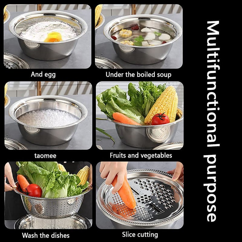 SYGNIUS Stainless Steel Drain Basket Vegetable Cutter 3 in 1 Kitchen Set Salad Maker Bowl Basin Colander with Lids for Vegetables Fruit Rice Food Steel Silver Colander Slicer Chopper - Image 5