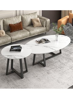 ATM Modern 2-Piece White Marble-Look Wooden Coffee Table Set - (50x100x45 CM - 48x48x50 CM)  - Image 1