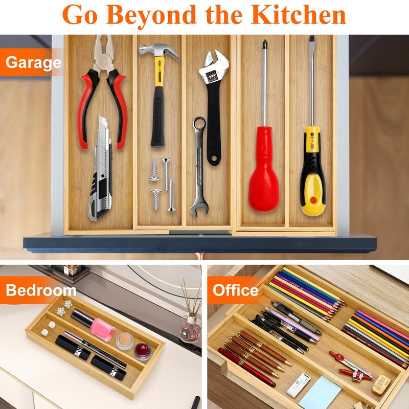Hilislog Large Bamboo Silverware Drawer Organizer Tray Kitchen Tool Drawer Divider Organizers Storage Expandable Cooking Utensil Organizer Wooden Cutlery Tray Spoon Flatware Organizers Utensil Holder Drawers - Image 3