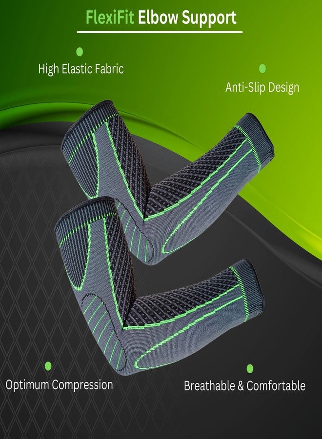 Prokick FlexiFit Elbow Support|Elbow Support for Gym|Elbow Brace for Men Women Workout|Elbow Compression Sleeves for Tendonitis Pain Relief, Tennis, Volleyball, Cricket|1 Pair|Grey/Green - Large - Image 4