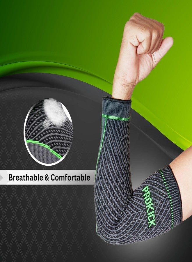 Prokick FlexiFit Elbow Support|Elbow Support for Gym|Elbow Brace for Men Women Workout|Elbow Compression Sleeves for Tendonitis Pain Relief, Tennis, Volleyball, Cricket|1 Pair|Grey/Green - Large - Image 3