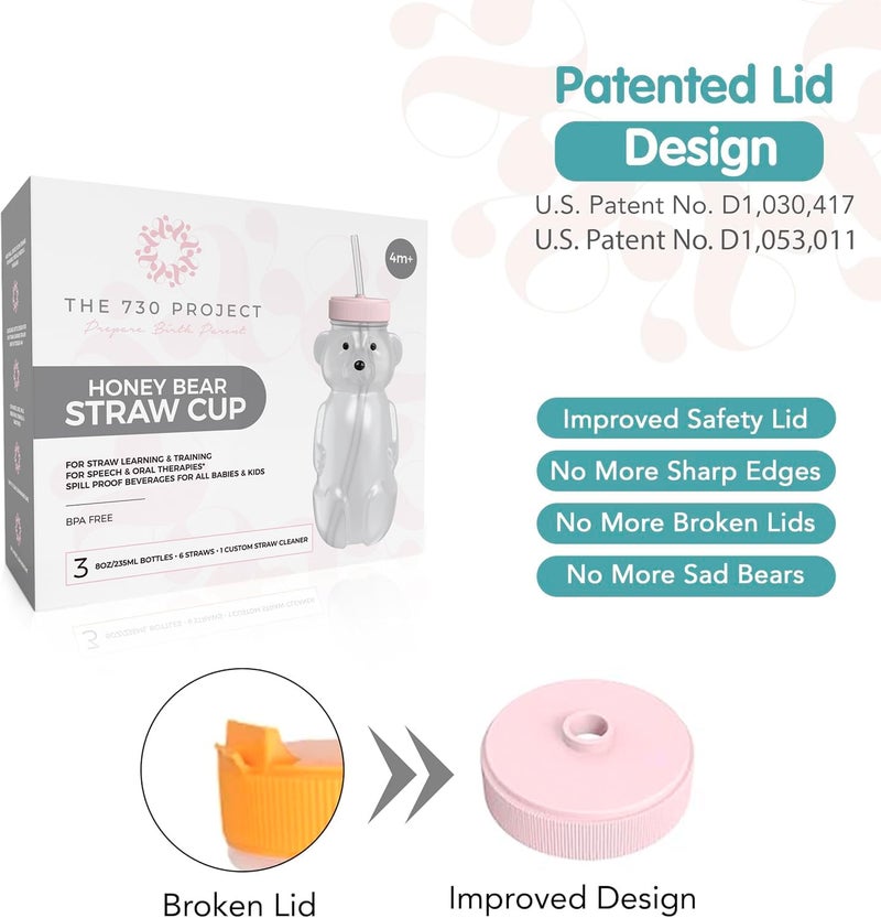 The 730 Project Honey Bear Straw Cup for Babies, 8-oz Honey Bear Cup with Lid, 3-Pack Therapy Learning Honeybear Straw, Baby Bottle Set, Cherry Blossom PINK - Image 3