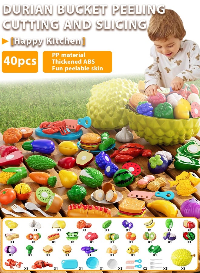 40pcs Durian bucket cutting toy food,Cutting Play Food Toy for Kids Kitchen,Pretend Play Food for Kids Kitchen,Using durian barrels to pack fruits and vegetable accessories, vegetable food toys, fruits, and pretend food,Toy kitchen accessories, perfect educational toys for toddler boys and girls, gifts for boys and girls  - Image 1