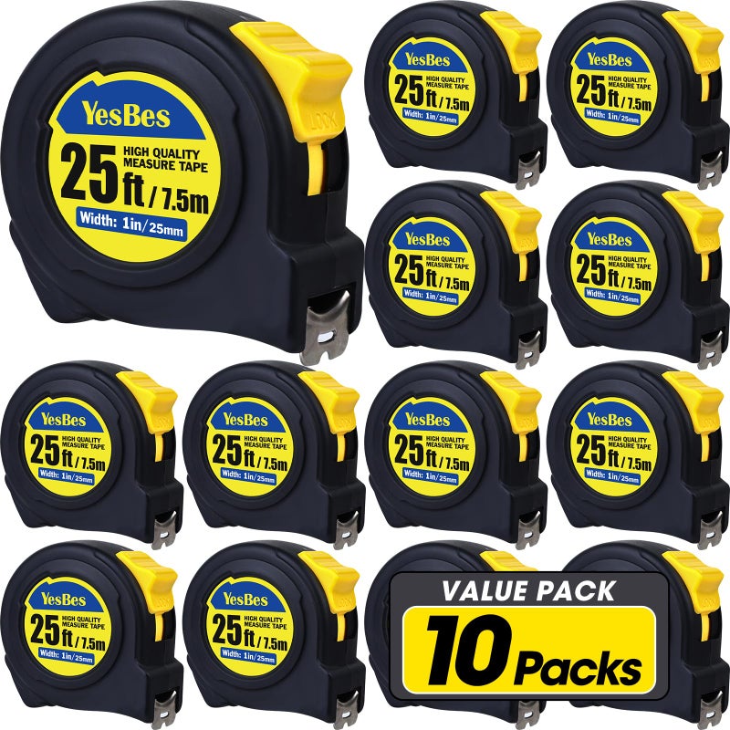 YesBes Tape Measure 25 ft, 10 Pack Bulk Easy Read Measuring Tape Retractable, Measurement Tape 25 FT by 1 in - Image 1