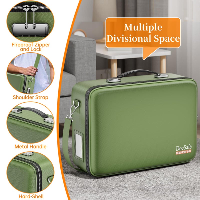 DocSafe Fireproof Document Box with Lockï¼†Shoulder Strap,Hard Case File Organizer with Accordion File Folder,Multi-Layer Portable Home Office Travel Safe Storage for Important Documents Laptop Green - Image 4