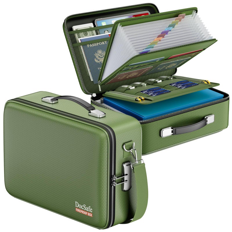 DocSafe Fireproof Document Box with Lockï¼†Shoulder Strap,Hard Case File Organizer with Accordion File Folder,Multi-Layer Portable Home Office Travel Safe Storage for Important Documents Laptop Green - Image 1