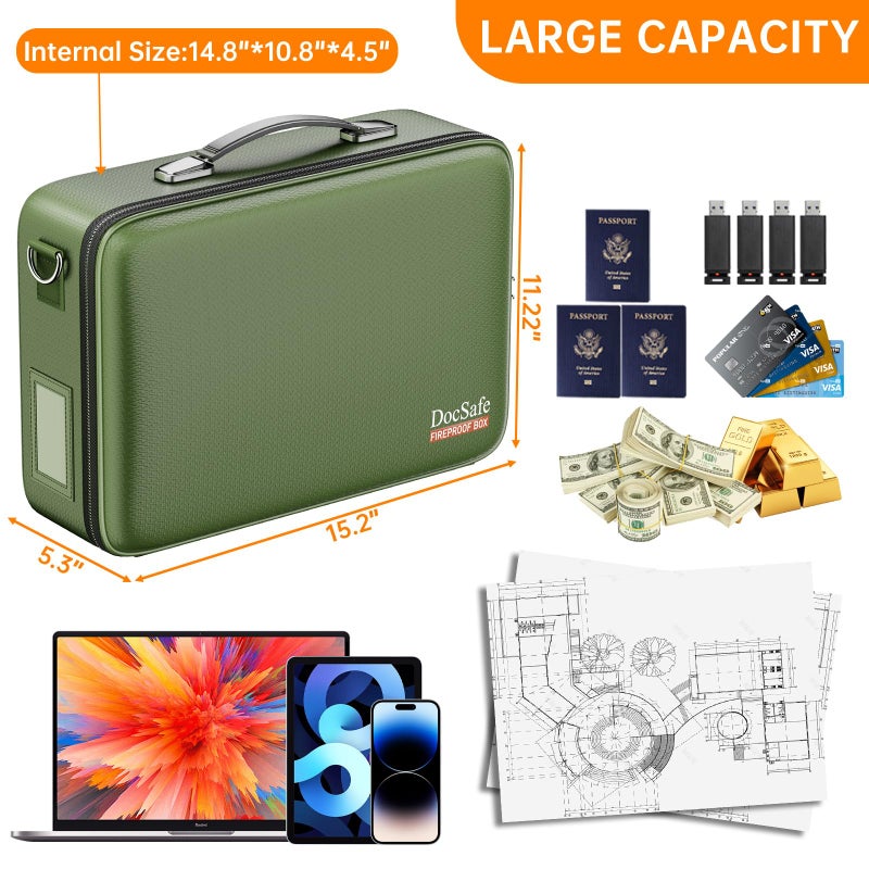 DocSafe Fireproof Document Box with Lockï¼†Shoulder Strap,Hard Case File Organizer with Accordion File Folder,Multi-Layer Portable Home Office Travel Safe Storage for Important Documents Laptop Green - Image 5
