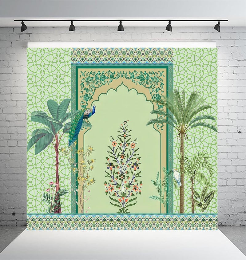 DHARA CREATION Green Tree Printed 8FT8FT Backdrop Cloth for Pooja Decoration Traditional Background Curtain Cloth for Festival Washable Fabric - Image 1