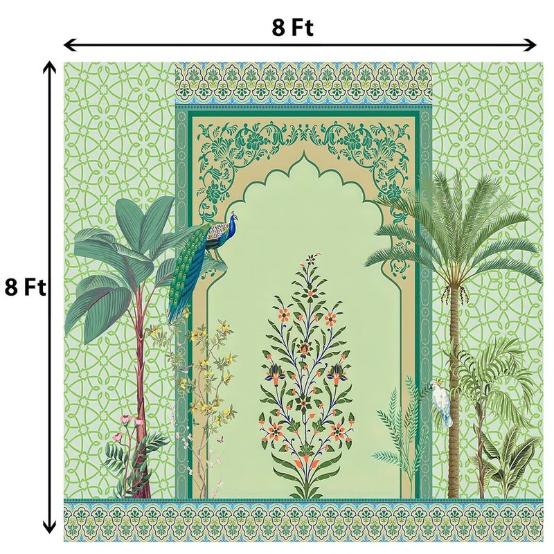DHARA CREATION Green Tree Printed 8FT8FT Backdrop Cloth for Pooja Decoration Traditional Background Curtain Cloth for Festival Washable Fabric - Image 2