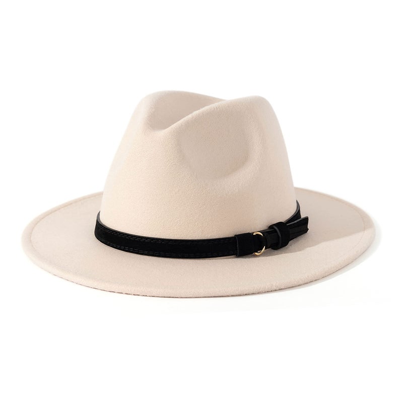 Lisianthus Men & Women Vintage Wide Brim Fedora Hat with Belt Buckle (Black Belt-Creamy, Large) - Image 1