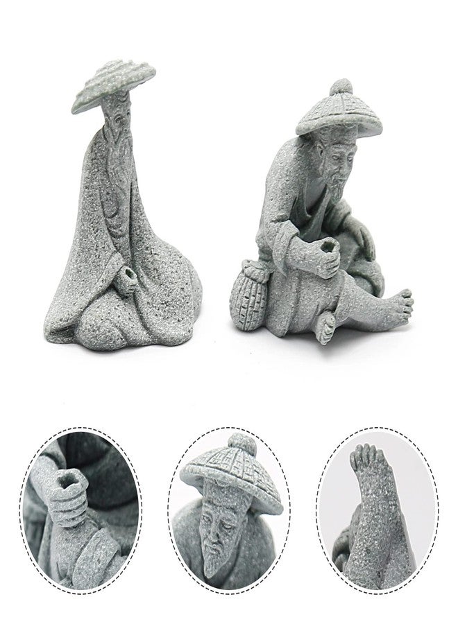 DUZFOREI 2PCS Mini Sitting Fishing Figurines Sandstone Vintage Ornament Japanese Decor for Fish Tank Pot Garden Home Aquarium Mini Fisherman Statue Asian Zen Decorations - Image 4