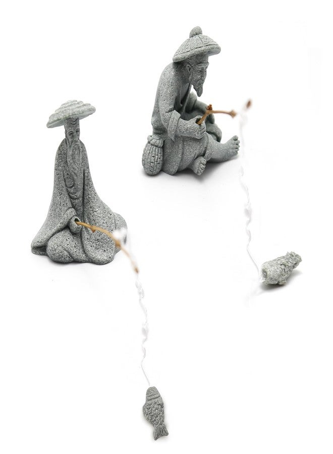 DUZFOREI 2PCS Mini Sitting Fishing Figurines Sandstone Vintage Ornament Japanese Decor for Fish Tank Pot Garden Home Aquarium Mini Fisherman Statue Asian Zen Decorations - Image 3