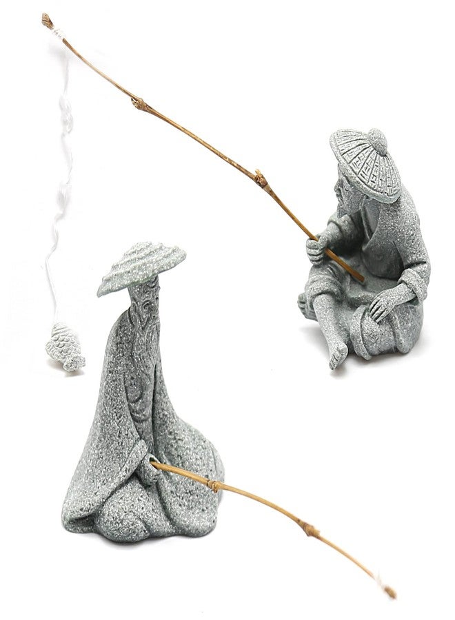 DUZFOREI 2PCS Mini Sitting Fishing Figurines Sandstone Vintage Ornament Japanese Decor for Fish Tank Pot Garden Home Aquarium Mini Fisherman Statue Asian Zen Decorations - Image 1