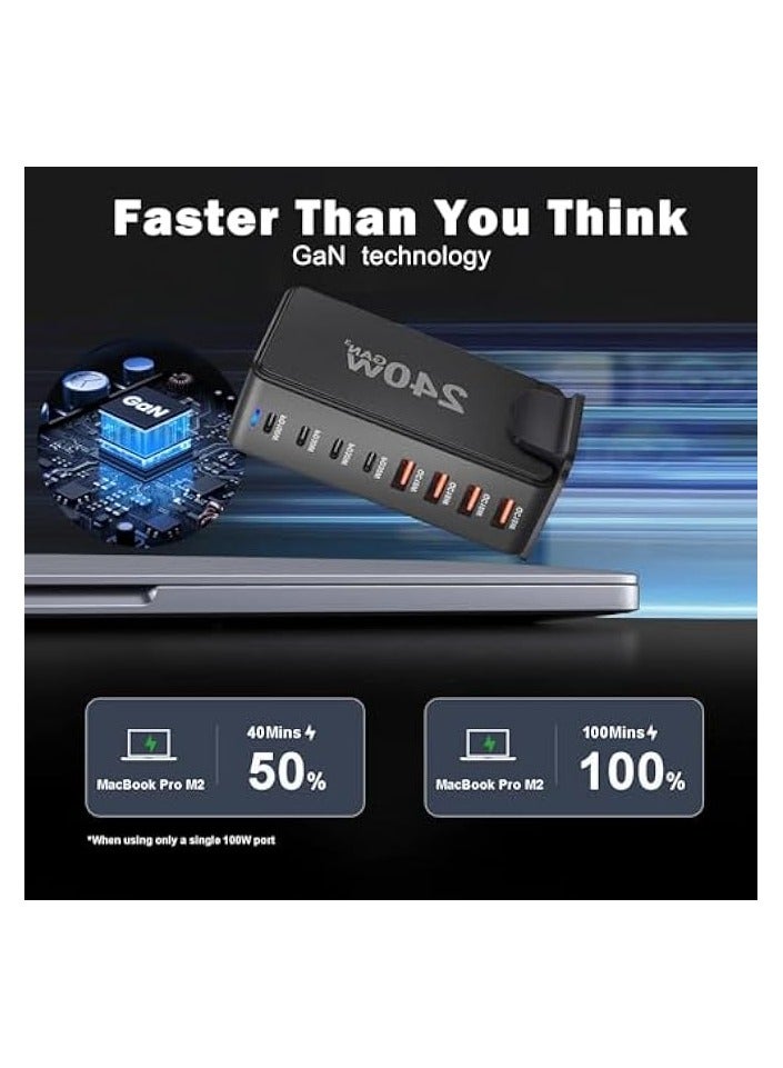 infino محطة شحن شاحن USB C بقدرة 240 واط - 4 منافذ من النوع C (100 واط، 3 × 30 واط) و4 منافذ USB (QC18W) - تقنية GaN - معتمدة لأجهزة Macbook وiPhone وGalaxy وiPad وHonor والمزيد - سلك طاقة بطول 1.5 متر - Image 2