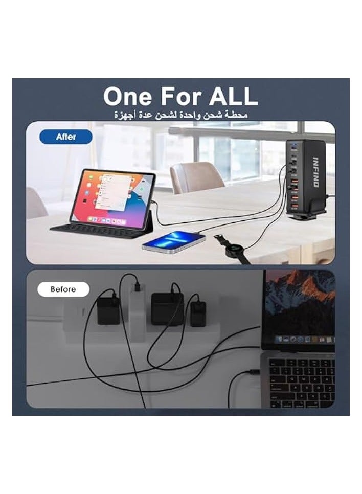 infino محطة شحن شاحن USB C بقدرة 240 واط - 4 منافذ من النوع C (100 واط، 3 × 30 واط) و4 منافذ USB (QC18W) - تقنية GaN - معتمدة لأجهزة Macbook وiPhone وGalaxy وiPad وHonor والمزيد - سلك طاقة بطول 1.5 متر - Image 4