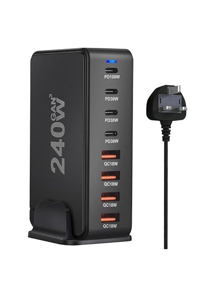 infino محطة شحن شاحن USB C بقدرة 240 واط - 4 منافذ من النوع C (100 واط، 3 × 30 واط) و4 منافذ USB (QC18W) - تقنية GaN - معتمدة لأجهزة Macbook وiPhone وGalaxy وiPad وHonor والمزيد - سلك طاقة بطول 1.5 متر - Image 1