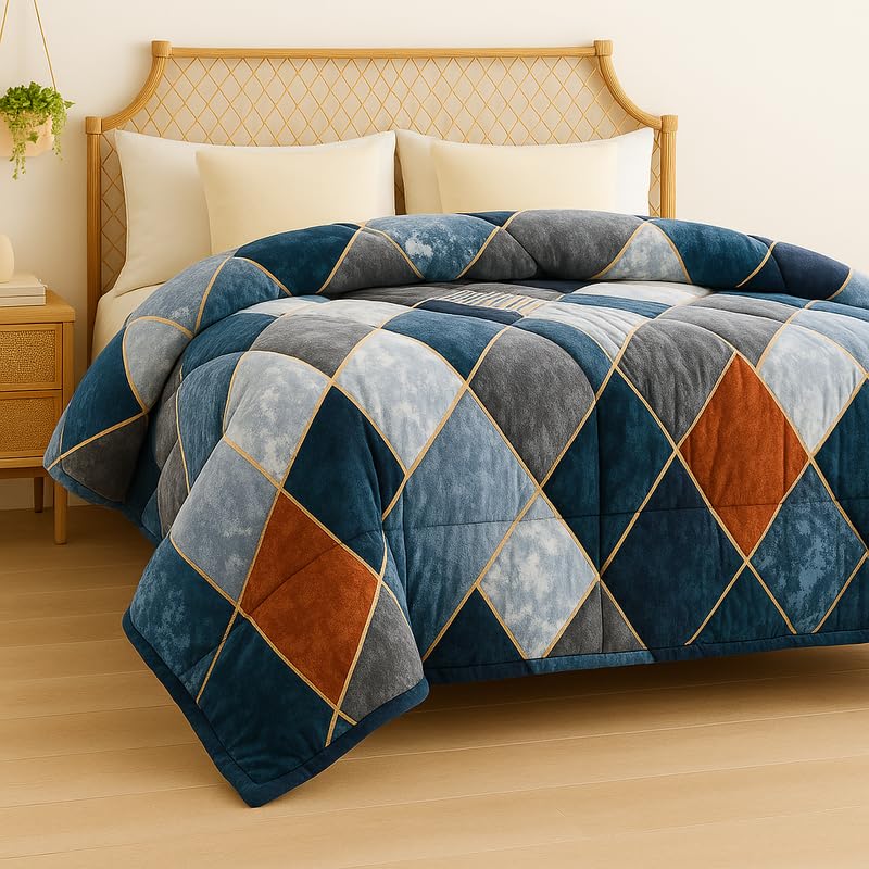 BSB HOME 3 Layered Heavy Winter Quilt | Rajai – 600 GSM Thick & Fluffy Comforter, Ultra Warm Double Bed Blanket for Extreme Cold Weather Weight 3 kg, Pattren - Quilted Cheks, Colour - Teal & Grey - Image 5
