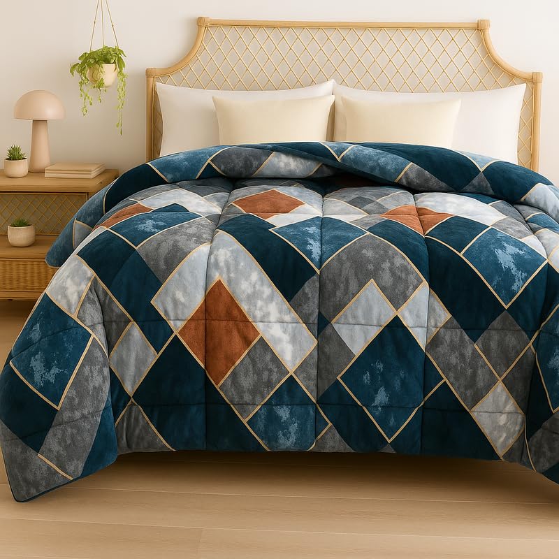 BSB HOME 3 Layered Heavy Winter Quilt | Rajai – 600 GSM Thick & Fluffy Comforter, Ultra Warm Double Bed Blanket for Extreme Cold Weather Weight 3 kg, Pattren - Quilted Cheks, Colour - Teal & Grey - Image 1