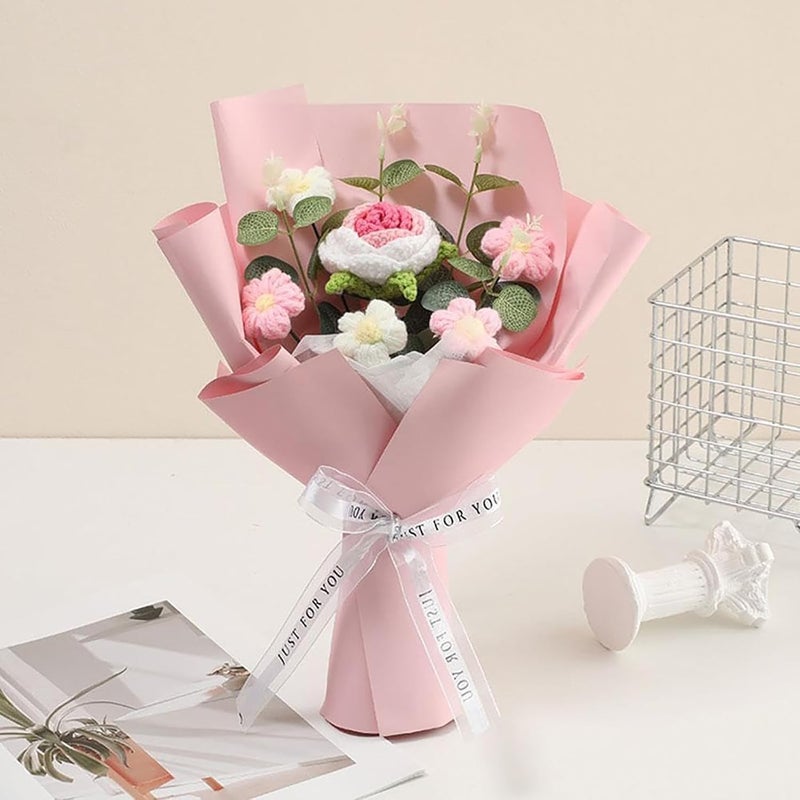 KASTWAVE Crochet Flower Bouquet Handmade Knitted Rose Arrangement Artificial Floral Gift for Women Girls Moms Teachers Loved Ones, Ideal for Valentine’s Day Mother’s Day Birthdays Weddings (7.8x11.8in) - Image 2