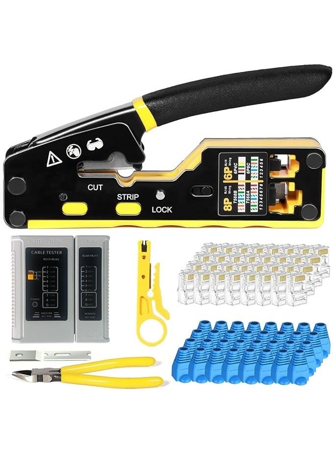 Beauenty RJ45 Crimp Tool Pass Through Connector End With Cat6 Crimping Tool Kit for RJ45 RJ12 Regular,50 Cat6 straight-through connectors, 50Pcs Covers and Mini Wire Stripper (B) - Image 1