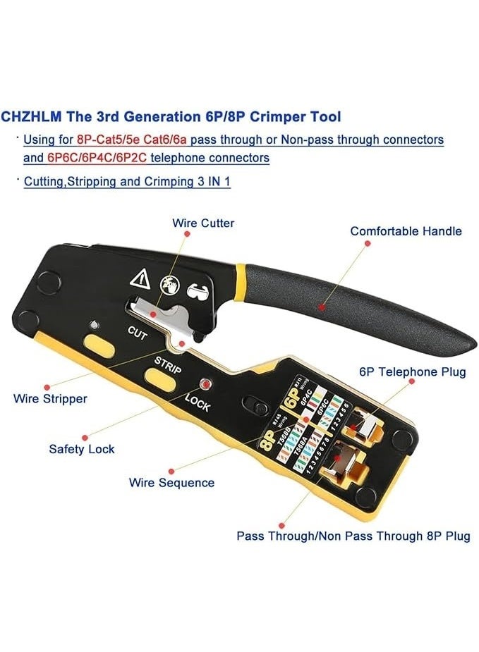 Beauenty RJ45 Crimp Tool Pass Through Connector End With Cat6 Crimping Tool Kit for RJ45 RJ12 Regular,50 Cat6 straight-through connectors, 50Pcs Covers and Mini Wire Stripper (B) - Image 4