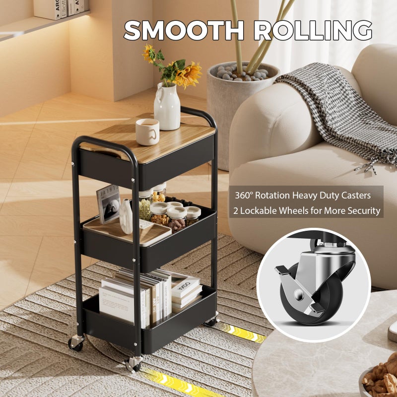 johgee 3 Tier Rolling Cart with Table top, Metal Utility Cart, Sturdy Storage Organizer Cart with Locking Wheels & Hooks for Office, Classroom, Kitchen and Bathroom - Image 5