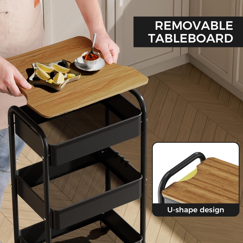 johgee 3 Tier Rolling Cart with Table top, Metal Utility Cart, Sturdy Storage Organizer Cart with Locking Wheels & Hooks for Office, Classroom, Kitchen and Bathroom - Image 3