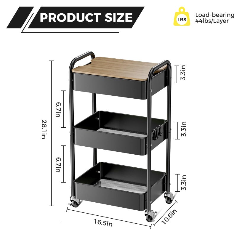 johgee 3 Tier Rolling Cart with Table top, Metal Utility Cart, Sturdy Storage Organizer Cart with Locking Wheels & Hooks for Office, Classroom, Kitchen and Bathroom - Image 4