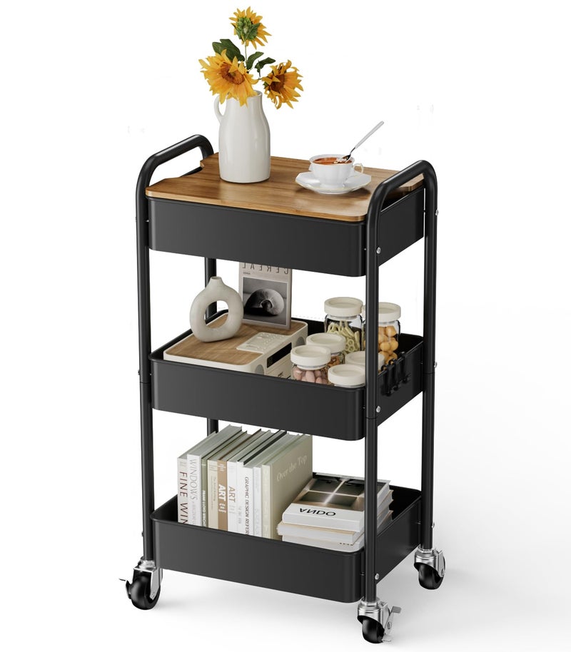 johgee 3 Tier Rolling Cart with Table top, Metal Utility Cart, Sturdy Storage Organizer Cart with Locking Wheels & Hooks for Office, Classroom, Kitchen and Bathroom - Image 1