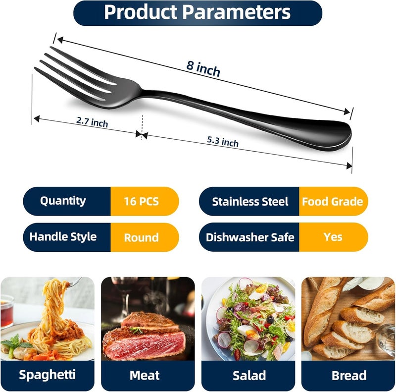 ITITT Black Forks 16 Pices Dinner Forks 8 Inches Food Grade forks stainless steel Table Forks Flatware Forks Mirror Polished Sturdy and Durable Dishwasher Safe Great for Home Kitchen or Restaurant - Image 2