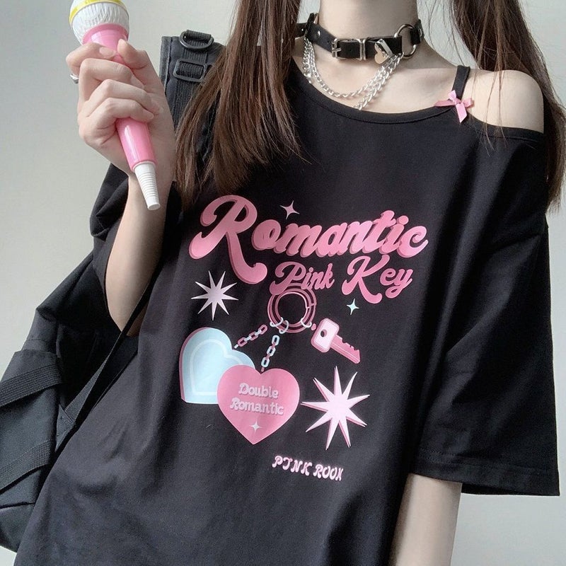 Black And White Off-Shoulder Short-Sleeved T-Shirt Women'S Summer Japanese Soft Girl Jk Top Cute Sweet Cool Harajuku Ins Trendy - Image 1