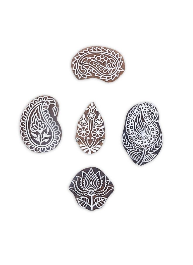 Hashcart Hashcart | Set of 5 | Paisley and Leaf Designs Wooden Printing Stamps - Wooden Blocks for Scrapbooking Kids Textile Paper Pottery Craft  - Image 2