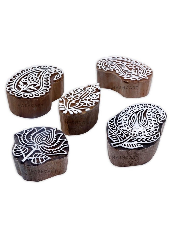 Hashcart Hashcart | Set of 5 | Paisley and Leaf Designs Wooden Printing Stamps - Wooden Blocks for Scrapbooking Kids Textile Paper Pottery Craft  - Image 1