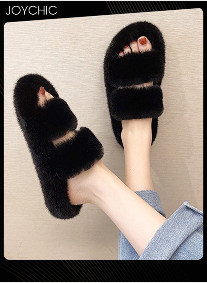 Joychic Stylish Women Faux Fur Open Toe Flat Indoor Slippers Autumn and Winter Warm Household Bedroom Comsoft Slippers Black  - Image 2