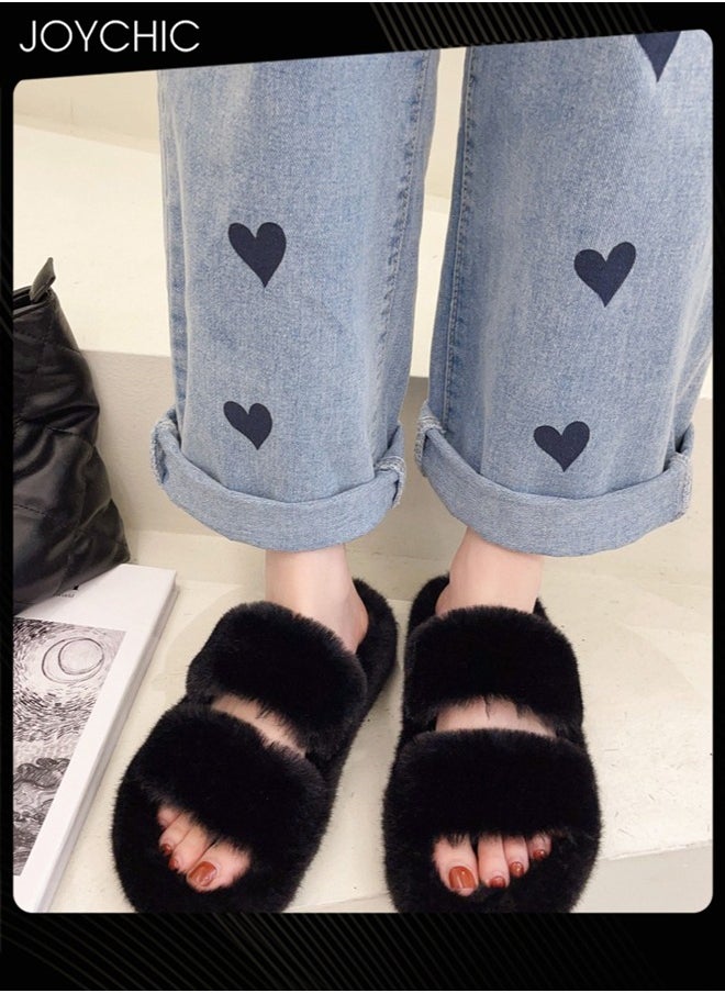 Joychic Stylish Women Faux Fur Open Toe Flat Indoor Slippers Autumn and Winter Warm Household Bedroom Comsoft Slippers Black  - Image 1