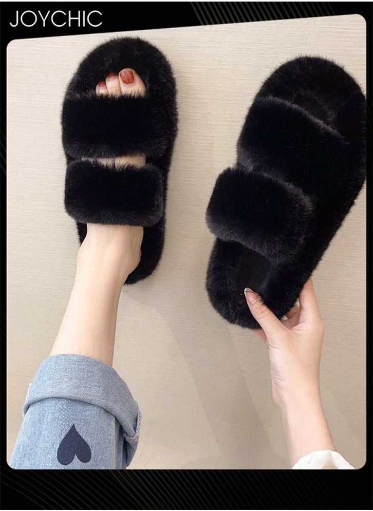 Joychic Stylish Women Faux Fur Open Toe Flat Indoor Slippers Autumn and Winter Warm Household Bedroom Comsoft Slippers Black  - Image 3