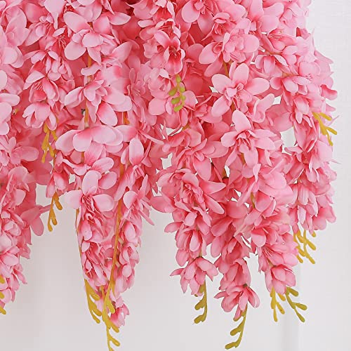 Duovlo Silk Wisteria Flower Artificial 2.13 Feet Hanging Wisteria Vine Fake Flower Bush String Home Party Wedding Decoration,Pack of 4 (Pink) - Image 4