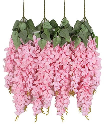 Duovlo Silk Wisteria Flower Artificial 2.13 Feet Hanging Wisteria Vine Fake Flower Bush String Home Party Wedding Decoration,Pack of 4 (Pink) - Image 1